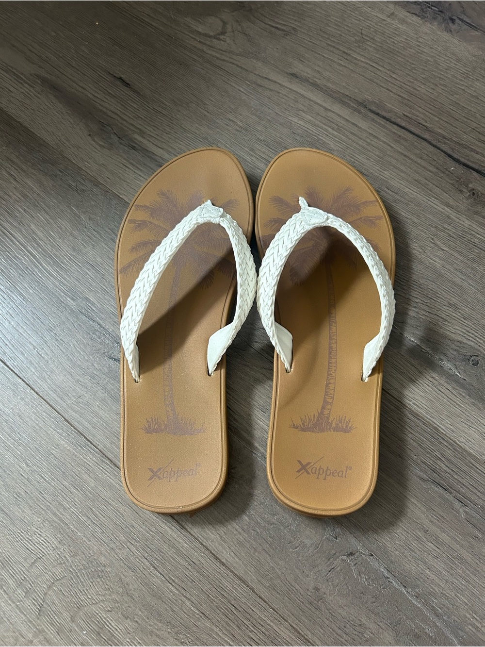 Women's White Braided Strap Tan Flip Flops
